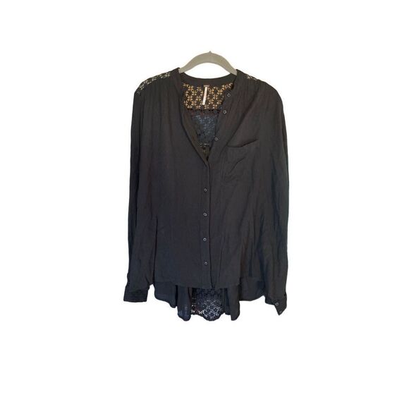 Free people, long sleeve, crocheted, black button up peasant blouse, s/small - Picture 1 of 6